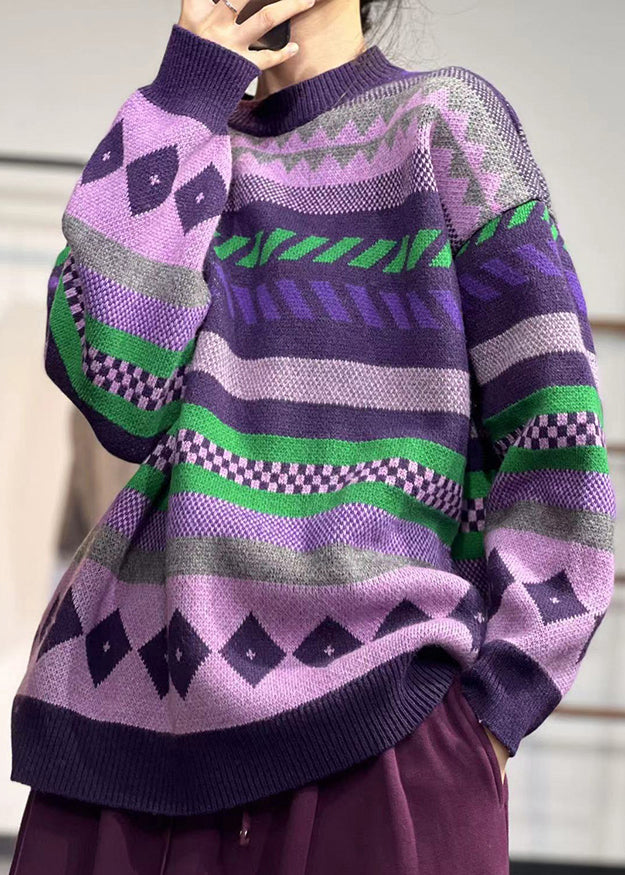 Unique Purple O Neck Print Cozy Thick Knit Sweaters Winter
