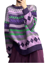 Unique Purple O Neck Print Cozy Thick Knit Sweaters Winter