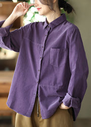 Unique Purple Peter Pan Collar Button Patchwork Corduroy Blouses Spring