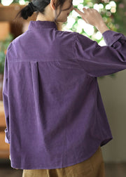 Unique Purple Peter Pan Collar Button Patchwork Corduroy Blouses Spring