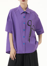 Unique Purple Peter Pan Collar Print Patchwork Cotton Shirt Short Sleeve