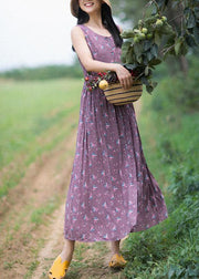 Unique Purple Print Dresses O-Neck Button Summer Sleeveless Dress - SooLinen
