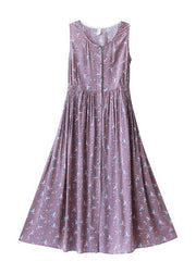 Unique Purple Print Dresses O-Neck Button Summer Sleeveless Dress - SooLinen