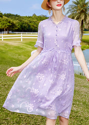 Unique Purple Ruffled Embroidered Button Silk Dresses Short Sleeve