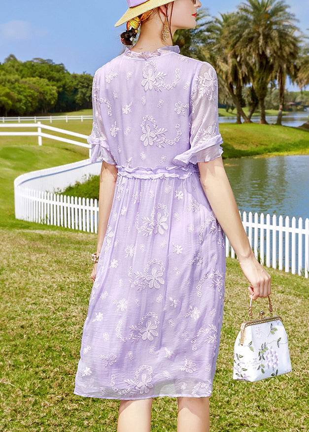 Unique Purple Ruffled Embroidered Button Silk Dresses Short Sleeve
