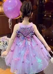 Unique Purple Sequins Butterfly Tulle Kids Girls Robe Dresses Summer