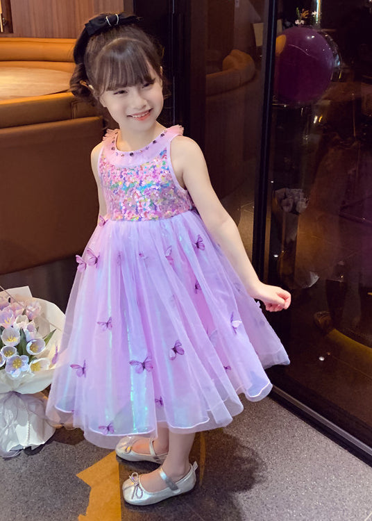 Unique Purple Sequins Butterfly Tulle Kids Girls Robe Dresses Summer