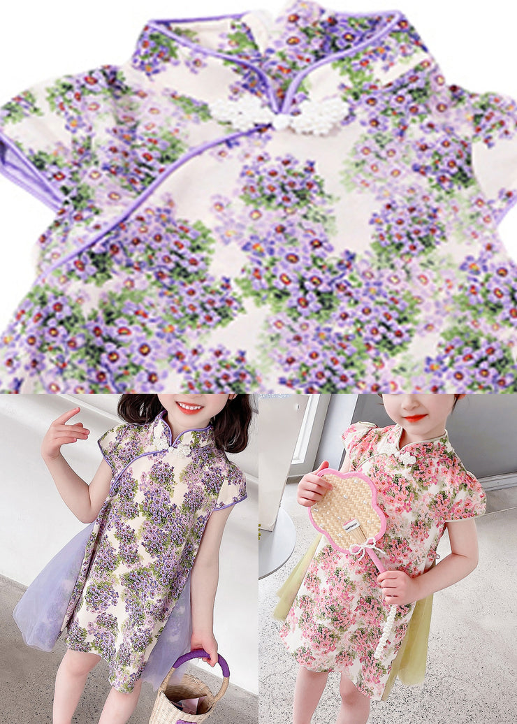 Unique Purple Stand Collar Print Girls Mid Dress Summer