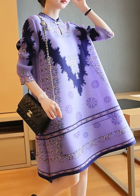 Unique Purple Stand Collar Print Party Dress Half Sleeve