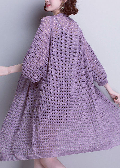 Unique Purple V Neck Hollow Out Patchwork Knit Cardigans Summer