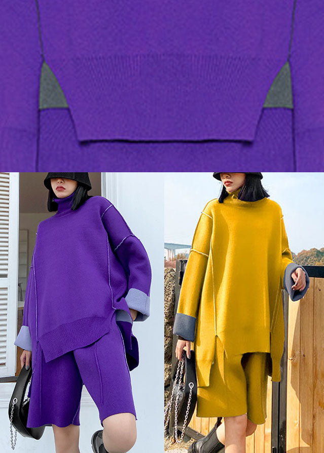 Unique Purple asymmetrical design Patchwork Knit Fall Two Pieces Set