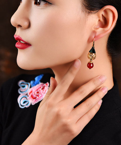 Unique Red Agate Droplet Shape 14K Gold Drop Earrings