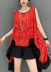 Unique Red Asymmetrical Exra Large Hem Lace Tops Sleeveless