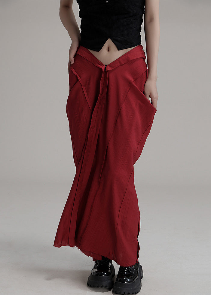Unique Red Asymmetrical Pockets Cotton Maxi Skirts Summer