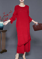 Unique Red Asymmetrical Side Open Knit Two Piece Suit Set Fall