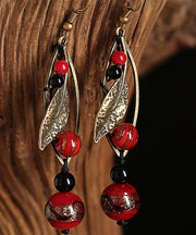 Unique Red Coloured Glaze Black Agate Gem Stone Leaf Drop Earrings
