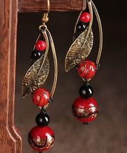 Unique Red Coloured Glaze Black Agate Gem Stone Leaf Drop Earrings