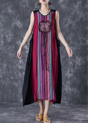 Unique Red Embroidered Patchwork Tasseled Linen Dress Sleeveless