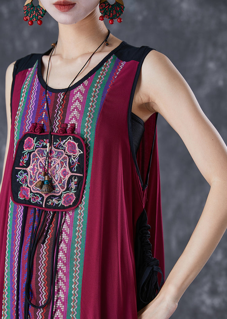 Unique Red Embroidered Patchwork Tasseled Linen Dress Sleeveless