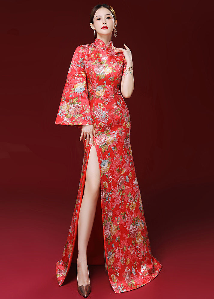 Unique Red Embroidered Side Open Patchwork Silk Dresses Fall