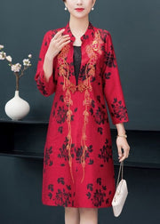 Unique Red Embroidered Side Open Patchwork Thin Silk Coat Fall