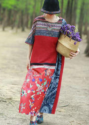 Einzigartiges rotes Patchwork-Druck-Baumwollkleid im ethnischen Stil mit kurzen Ärmeln