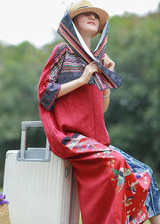 Einzigartiges rotes Patchwork-Druck-Baumwollkleid im ethnischen Stil mit kurzen Ärmeln