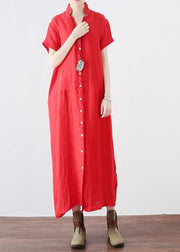 Unique Red Low High Design V Neck Linen Summer Robe - SooLinen