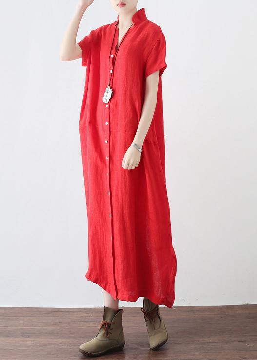 Unique Red Low High Design V Neck Linen Summer Robe - SooLinen