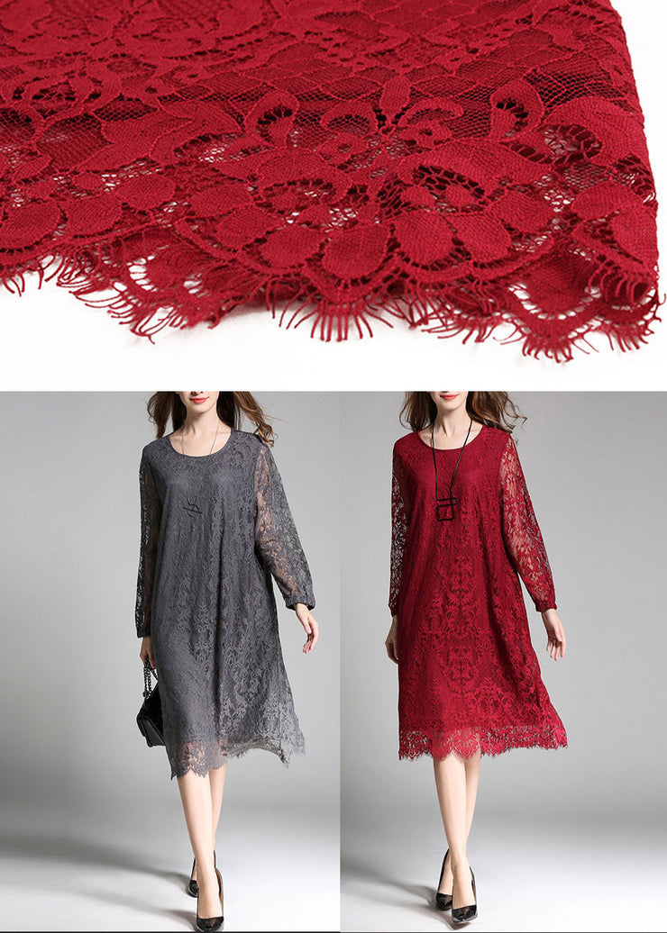 Unique Red O-Neck Hollow Out Lace Long Dress Long Sleeve