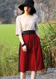 Einzigartiges rotes Patchwork-Kleid mit halbem Ärmel und O-Ausschnitt