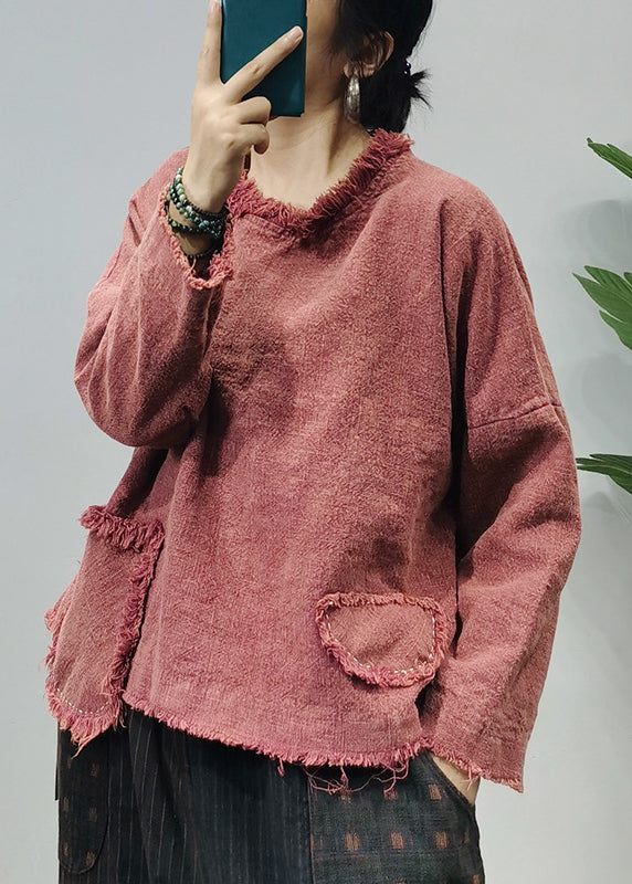 Unique Red O-Neck Patchwork Linen Pullover Streetwear Long Sleeve