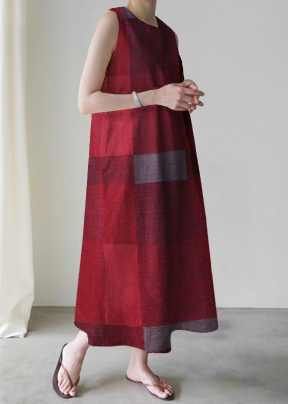 Unique Red O-Neck Plaid Maxi Dress Sleeveless