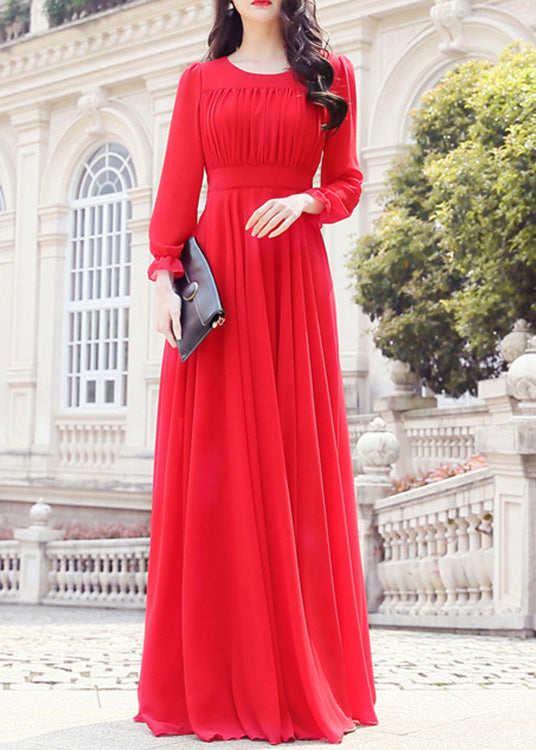 Unique Red O-Neck Slim Solid Chiffon Maxi Dress Spring