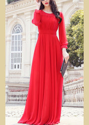 Unique Red O-Neck Slim Solid Chiffon Maxi Dress Spring