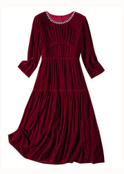Unique Red O Neck Zircon Patchwork Silk Velour Dresses Spring