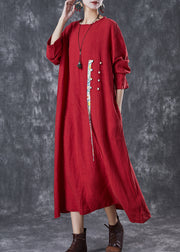 Unique Red Oversized Patchwork Chinese Button Linen Long Dress Spring