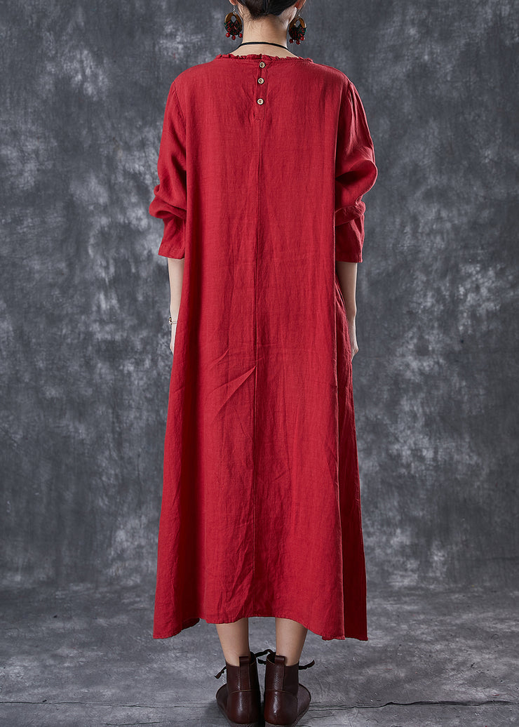 Unique Red Oversized Patchwork Chinese Button Linen Long Dress Spring