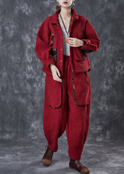 Unique Red Oversized Pockets Warm Fleece Two Piece Set Outfits Winter