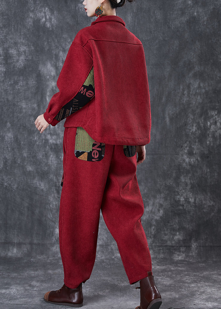 Unique Red Oversized Pockets Warm Fleece Two Piece Set Outfits Winter