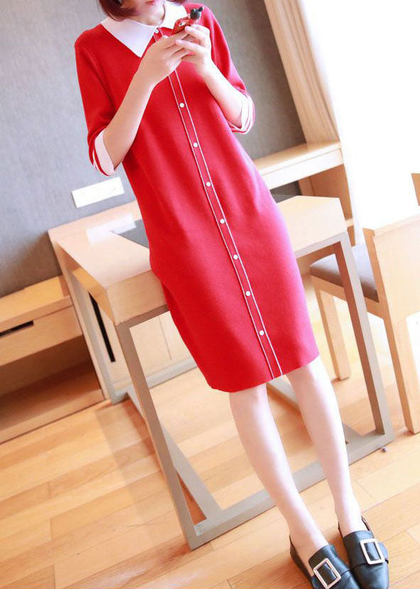 Unique Red Peter Pan Collar Button Knit Dresses Half Sleeve