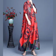 Unique Red Print asymmetrical design Mid Dress Summer Silk - SooLinen