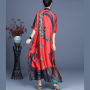 Unique Red Print asymmetrical design Mid Dress Summer Silk - SooLinen