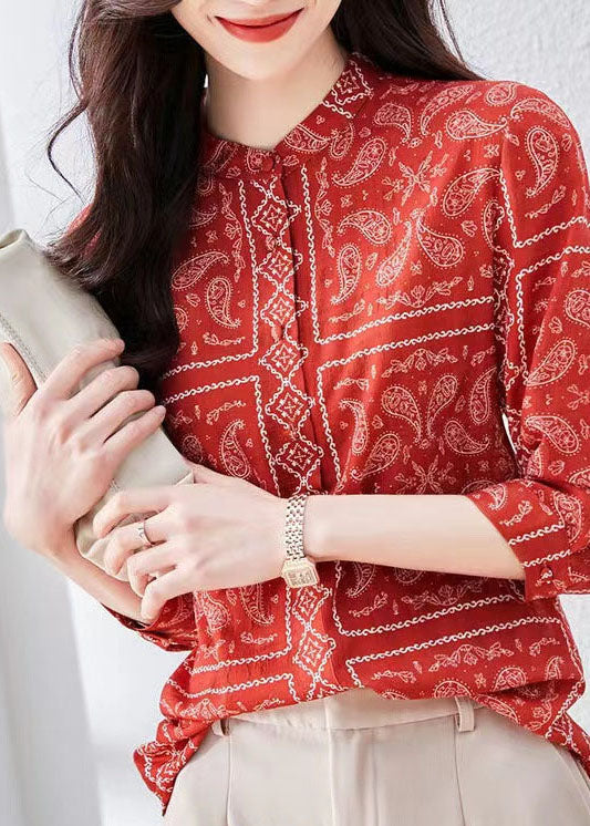 Unique Red Stand Collar Print Patchwork Silk Top Bracelet Sleeve