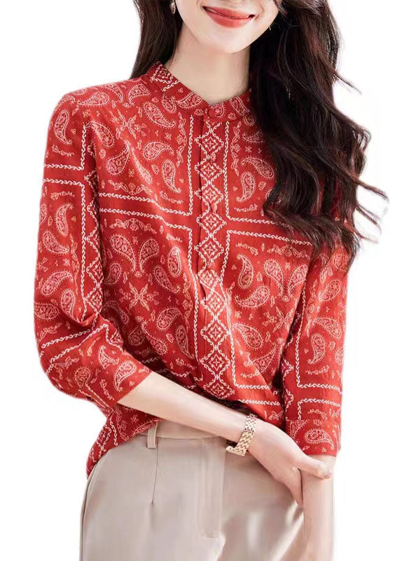 Unique Red Stand Collar Print Patchwork Silk Top Bracelet Sleeve