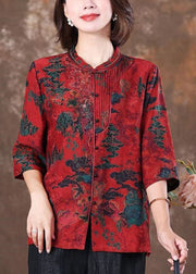 Unique Red Stand Collar Print Slim Silk Shirt Tops Half Sleeve