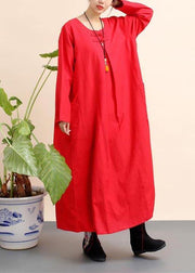 Unique Red Tunics O Neck Pockets Robe Spring Dresses - SooLinen