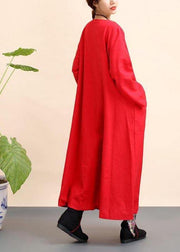 Unique Red Tunics O Neck Pockets Robe Spring Dresses - SooLinen