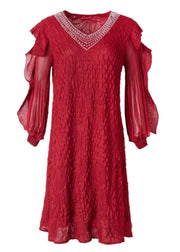 Unique Red V Neck Embroidered Ruffled Tulle Patchwork Zircon Mid Dresses Long Sleeve
