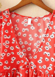 Einzigartiges rotes Chiffon-Hemd mit Blumenmuster und V-Ausschnitt, ausgestellte Ärmel